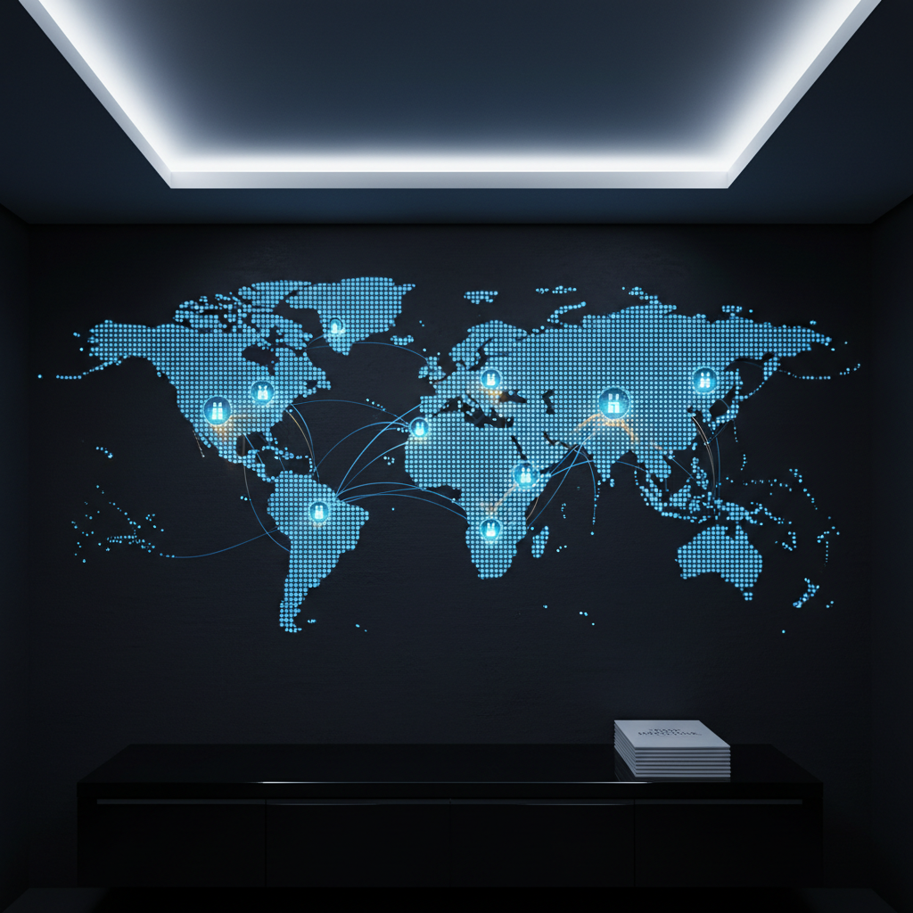 A large, wall-mounted digital world map composed of softly glowing blue nodes connected by fine, luminous lines, representing an expansive affiliate network. Each node is subtly labeled with small hotel icons, and certain routes are highlighted in warm gold to indicate high-performing direct booking channels. The map is set against a dark slate wall in a sophisticated, modern workspace with a glossy black console below, holding a single, neatly stacked set of reports. Cool, diffused LED strip lighting traces the ceiling, casting a calm, futuristic ambiance. Photographed straight-on with sharp focus and balanced composition, the scene feels organized, precise, and global. The photographic style is high-contrast yet clean, emphasizing connectivity, scale, and the efficiency of a professional hotel affiliate ecosystem.